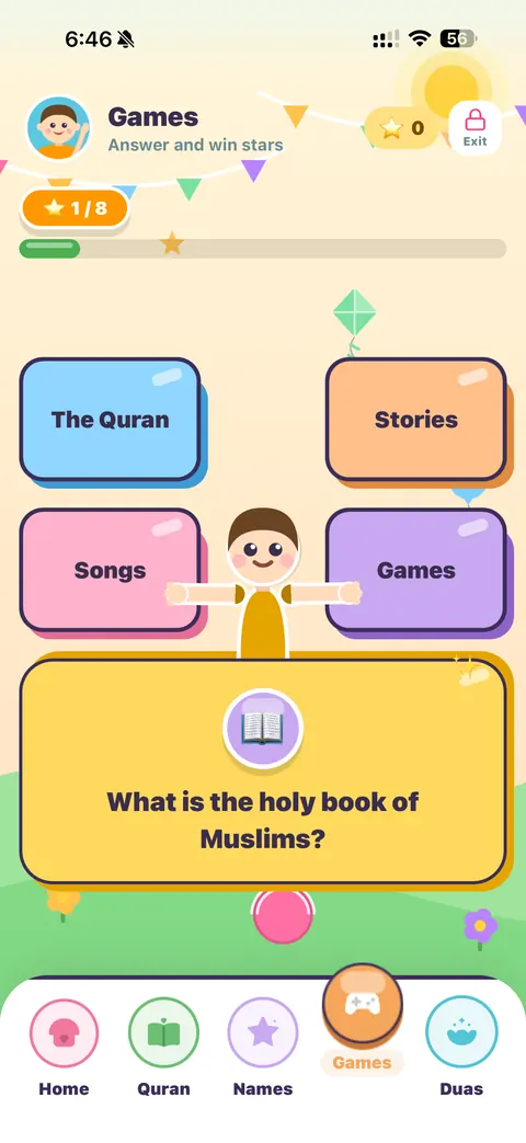 Islamic quiz game for kids in Qurani asking what is the holy book of Muslims, with star rewards