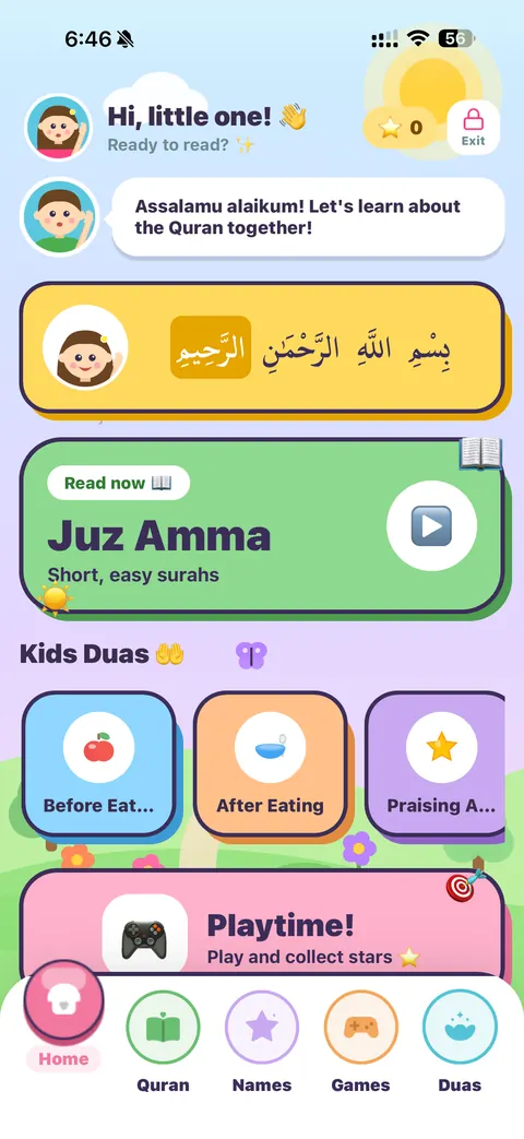Qurani Kids Mode home screen with Bismillah card, Juz Amma read button, kids duas shortcuts and playtime button