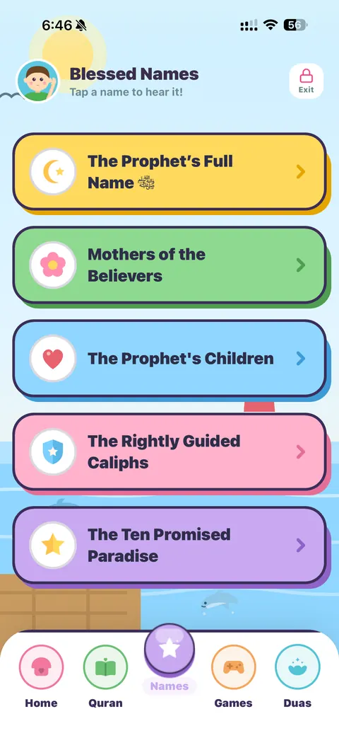 Blessed Names screen in Qurani Kids Mode listing the Prophet's name, Mothers of the Believers, and the Rightly Guided Caliphs
