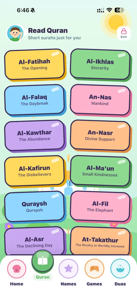 Kids Quran screen listing short surahs of Juz Amma in colorful cards with simple English meanings